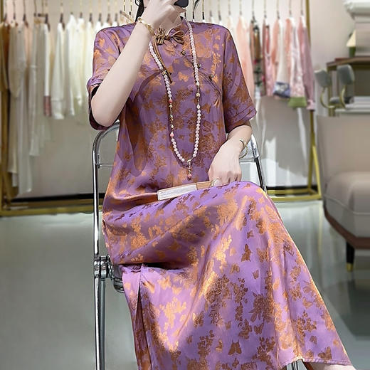 FLZD国风真丝交织连衣裙深圳南油高端女装夏季桑蚕丝新中式斜襟长裙子 商品图0