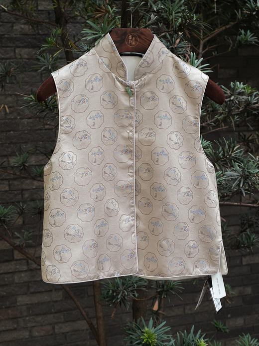 盛唐牡丹 |葭灰真丝宋锦对襟马甲 商品图6