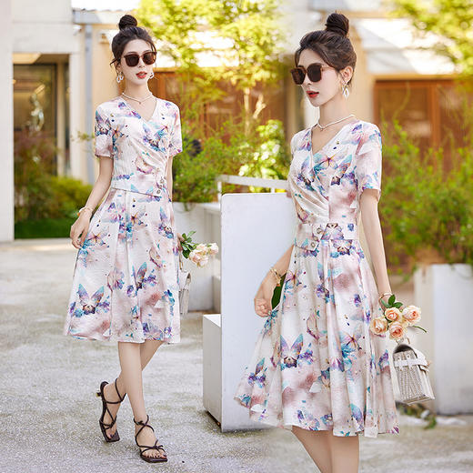气质名媛v领，蝴蝶印花连衣裙HR-5506 商品图3