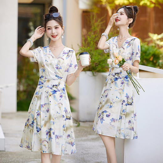 气质名媛v领，蝴蝶印花连衣裙HR-5506 商品图1