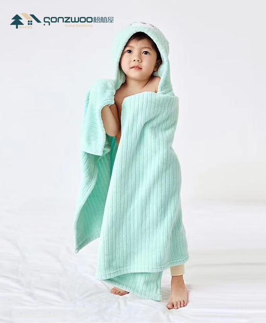 2024新款松植屋新款珊瑚绒小熊连帽浴巾斗篷 A类母婴级标准 男童女童连帽设计清新可爱 商品图1