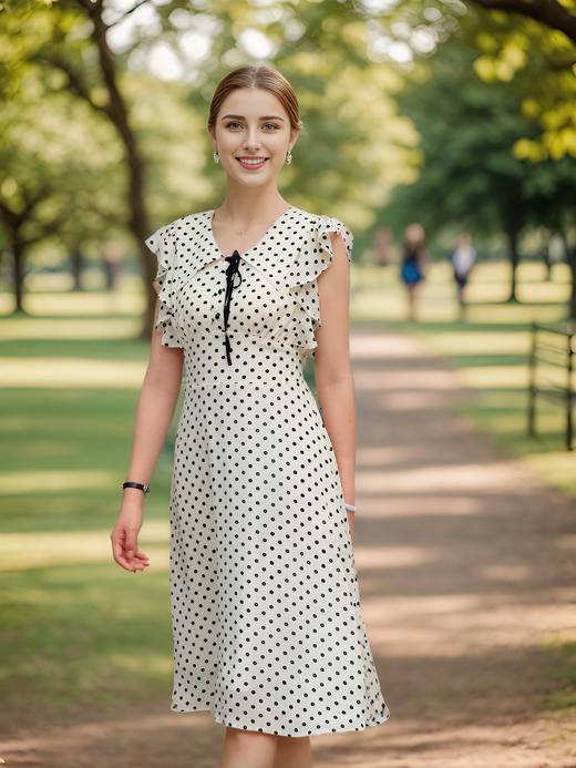 法式荷叶袖收腰翻领连衣裙 商品图1