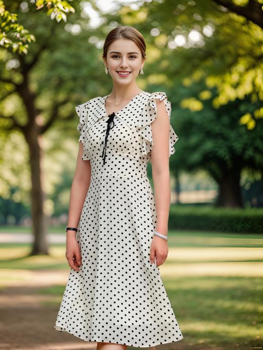 法式荷叶袖收腰翻领连衣裙 商品图3