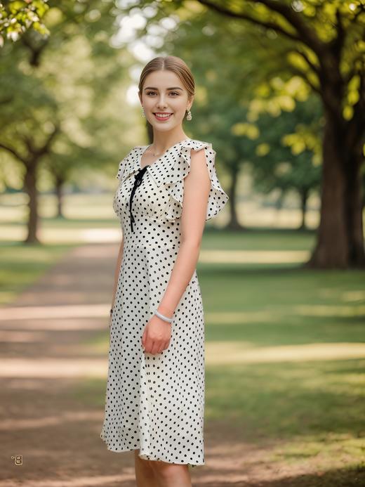 法式荷叶袖收腰翻领连衣裙 商品图2