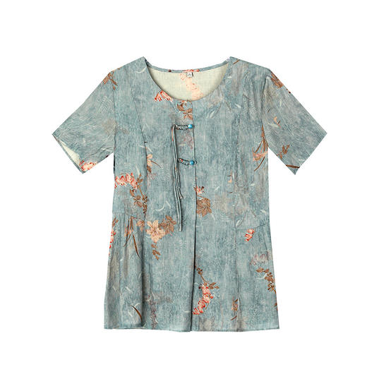 SMZ17386新中式国风棉麻短袖衬衫女士夏季妈妈收腰遮肚子显瘦上衣洋气小衫 商品图4