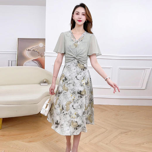 修身时尚雪纺裙，荷叶袖通勤洋气假两件连衣裙QYM-XQD-53A2449-L 商品图3