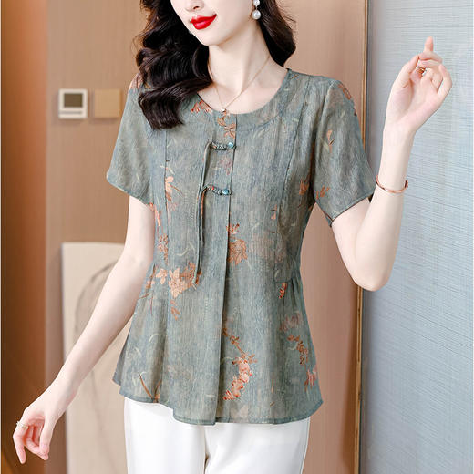 SMZ17386新中式国风棉麻短袖衬衫女士夏季妈妈收腰遮肚子显瘦上衣洋气小衫 商品图1