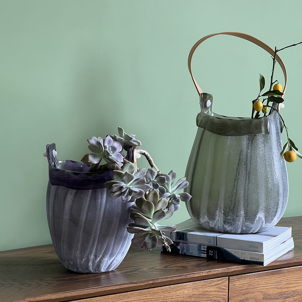 创意手工做旧磨砂大口手提篮艺术玻璃花瓶客厅家居电视柜软装饰品