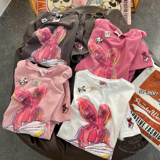 「39.9包邮！纯棉材质」2024新款韩版卡通大兔子绘画休闲半袖圆领套头纯棉短袖T恤女 商品图1