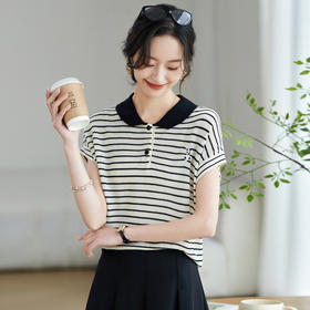 冰丝短袖条纹t恤刺绣撞色polo领针织衫CC-9013