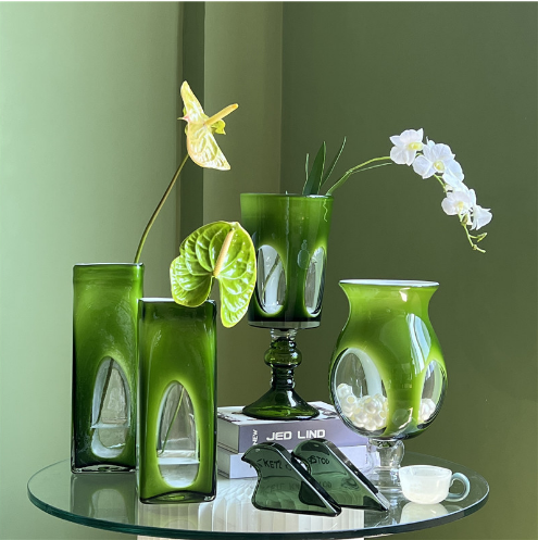 碧轩简约中古风渐变高脚烛台手工风灯花瓶软装酒店客厅家居玻璃瓶