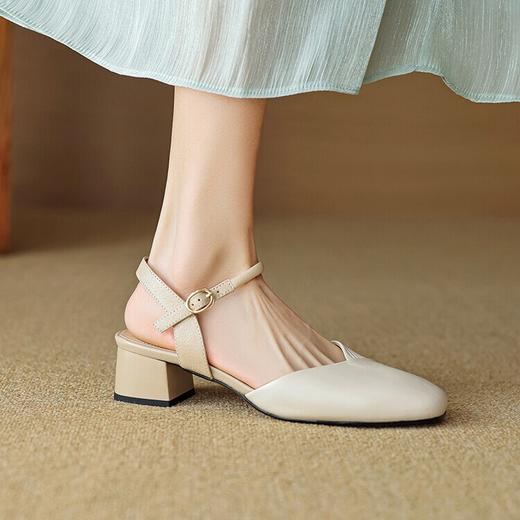 【预售5天】韩版羊皮包头凉鞋女夏季粗跟中跟一字扣气质后空单鞋温柔通勤CQSJ&HL-3280 商品图2