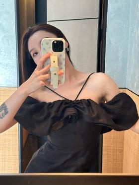 DUO黑标little black dress 纯亚麻立体玫瑰一字领露肩浪漫连衣裙
