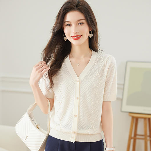 夏新款钉珠菱形格提花针织漂亮减龄开衫CC-1671 商品图1