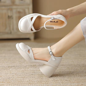 【预售5天】巨好穿不累脚牛皮凉鞋女夏季圆头高跟鞋粗跟真皮厚底一字带TYMXY&2169