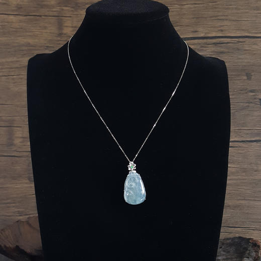 【天然正品】A货翡翠冰种飘木那雪花棉如意造型翡翠AU750精品白金镶钻吊坠项链39.7*20.4*7.9MM（皆取最大值） 070823NJ54+ 商品图5