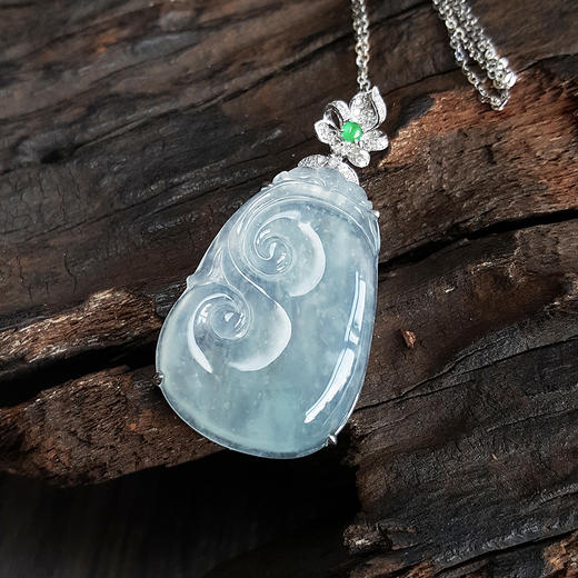 【天然正品】A货翡翠冰种飘木那雪花棉如意造型翡翠AU750精品白金镶钻吊坠项链39.7*20.4*7.9MM（皆取最大值） 070823NJ54+ 商品图2