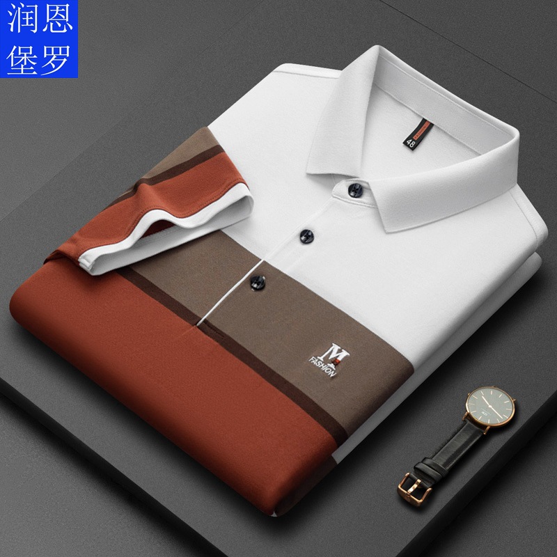 ALBB-润恩堡罗2023新款男士短袖T恤 条纹定位刺绣翻领中年男士polo衫