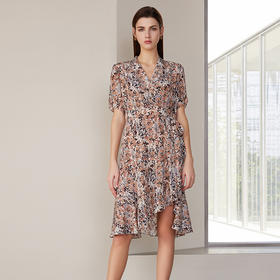 【桑蚕丝印花连衣裙】24年春夏新品女士100%桑蚕丝V领收腰系带裙子