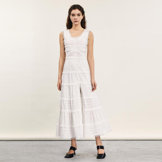 谜底高端连衣裙无袖2024年夏款复古风蕾丝拼接刺绣长裙242GL0630 商品图0