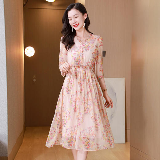 ASE 25009真丝连衣裙法式V领收腰洋气桑蚕丝碎花裙 商品图1