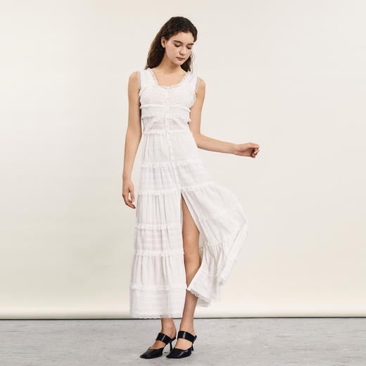 谜底高端连衣裙无袖2024年夏款复古风蕾丝拼接刺绣长裙242GL0630 商品图1