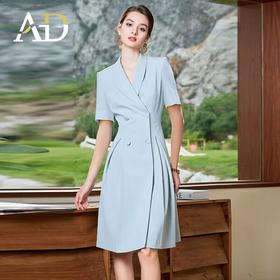 AD夏日蓝色连衣裙女高级感褶皱西装连身裙通勤职业装教师工作服