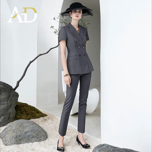 AD高端灰色职业装女西装套装2024夏季短袖双排扣西装公务员工作服 商品图1