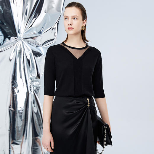 EITIE爱特爱秋季新款网纱拼接黑色修身显瘦百搭针织衫7501201 商品图3