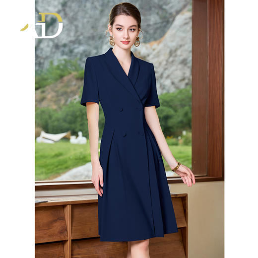 AD夏日蓝色连衣裙女高级感褶皱西装连身裙通勤职业装教师工作服 商品图8