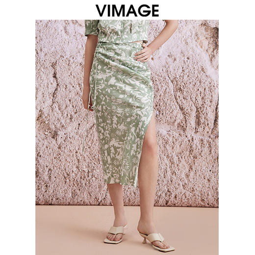 VIMAGE纬漫纪夏新款印花高腰包臀开叉修身半身裙V2106732 商品图5