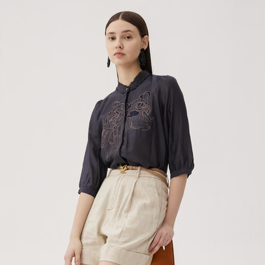 谜底刺绣衬衫七分袖女2024夏季新款通勤风绣花宽松衬衣247MC5002 商品图0