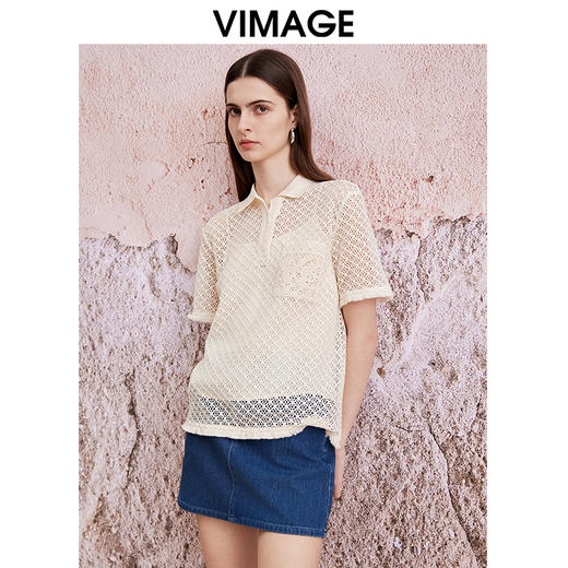 VIMAGE纬漫纪夏季新款钩花文艺度假风显瘦两件套polo短袖衬衫V2113729 商品图3