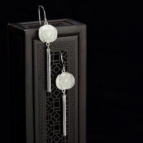 壹鹿银S925纯银天然和田玉白玉牡丹花复古 流苏女耳环耳坠耳饰CW001