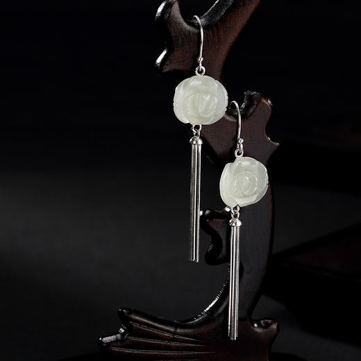 壹鹿银S925纯银天然和田玉白玉牡丹花复古 流苏女耳环耳坠耳饰CW001 商品图1
