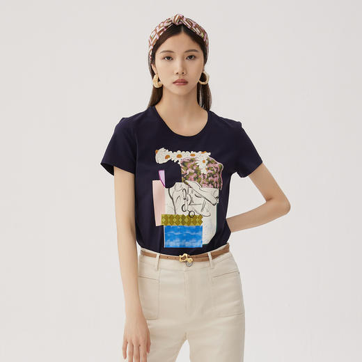 谜底印花T恤短袖女2024年夏季新款百搭休闲圆领修身上衣247MT5017 商品图0