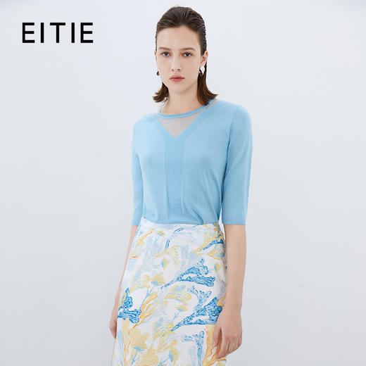 EITIE爱特爱秋季新款网纱拼接黑色修身显瘦百搭针织衫7501201 商品图2