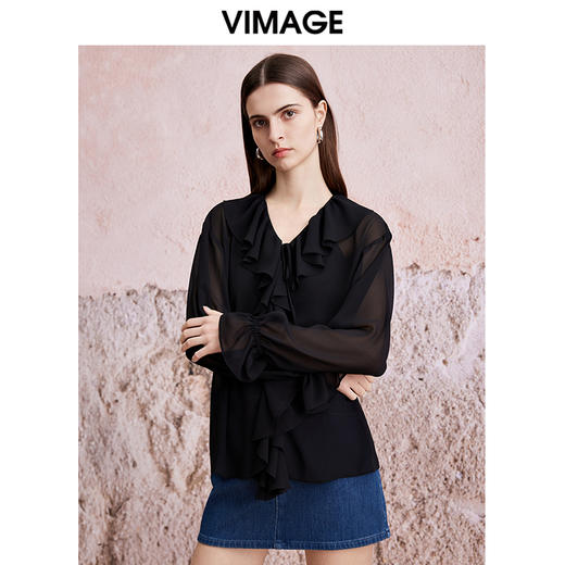 VIMAGE纬漫纪时尚荷叶边黑色网纱防晒两件套雪纺衫上衣夏新款V2113736 商品图2