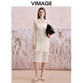 VIMAGE纬漫纪夏季新款气质浪漫度假网格钩花两件套衬衫连衣裙V2107734