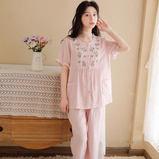 -松植屋《花蔓》女士短袖长裤套装日系刺绣2024夏季全棉纱布女款睡衣家居服 商品图2