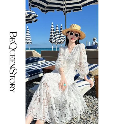 BeQueenStory【白巧桃乐丝】精致优雅镂空刺绣微灯笼袖收腰连衣裙 商品图0