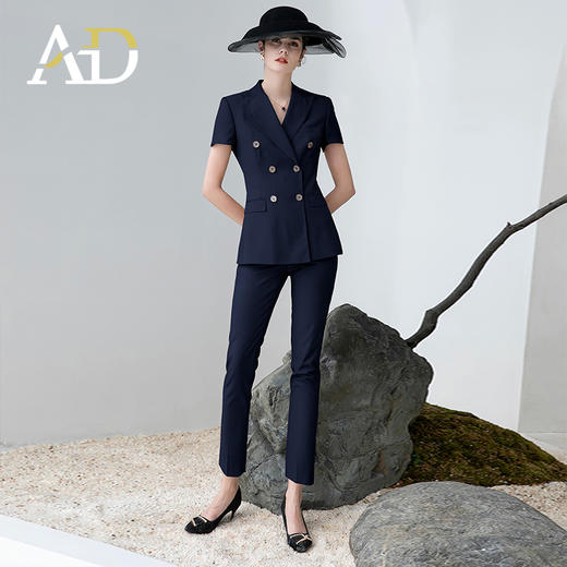 AD高端灰色职业装女西装套装2024夏季短袖双排扣西装公务员工作服 商品图3