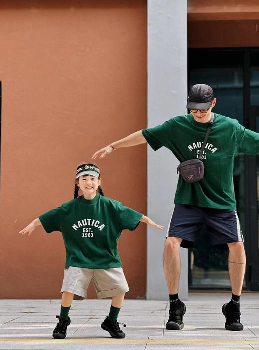 【双纱棉 可亲子】 2024夏季儿童全家亲子中性复古色圆领宽松立体硅胶字母短袖T 商品图0