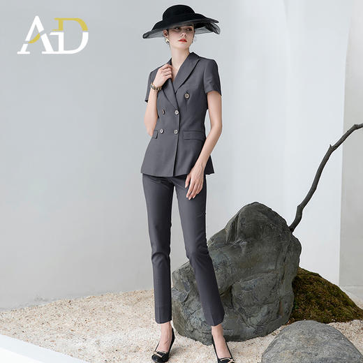 AD高端灰色职业装女西装套装2024夏季短袖双排扣西装公务员工作服 商品图6