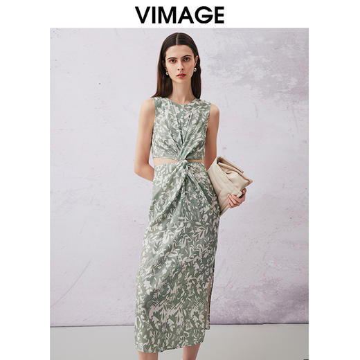 VIMAGE纬漫纪夏季新款印花圆领高级无袖扭结露腰显瘦连衣裙V2107742 商品图2