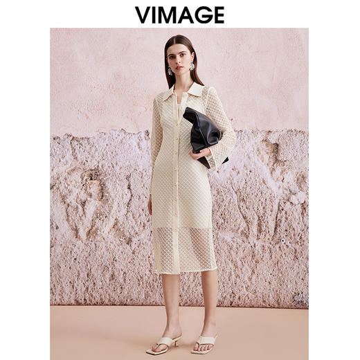 VIMAGE纬漫纪夏季新款气质浪漫度假网格钩花两件套衬衫连衣裙V2107734 商品图1