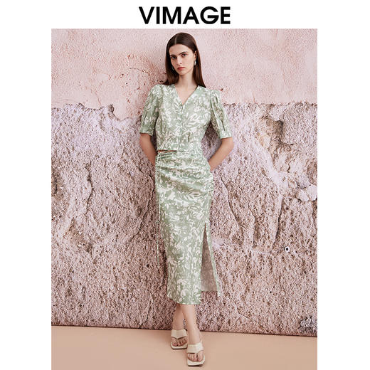 VIMAGE纬漫纪夏新款印花高腰包臀开叉修身半身裙V2106732 商品图1