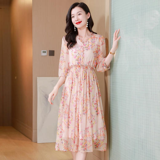 ASE 25009真丝连衣裙法式V领收腰洋气桑蚕丝碎花裙 商品图3