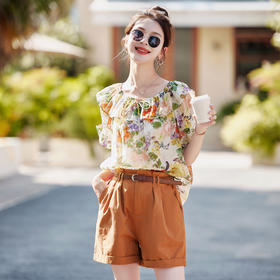 洋气一字领短袖上衣，法式小个子两件套HR-YF9665