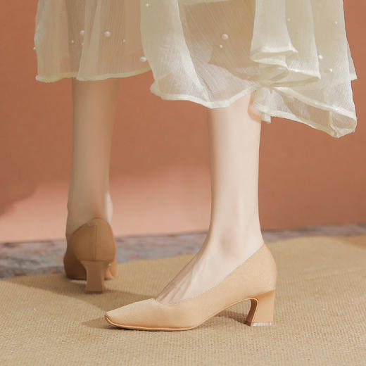 法式复古方头粗跟单鞋女2024年春夏新款高跟鞋工作通勤女鞋_HLY 商品图3